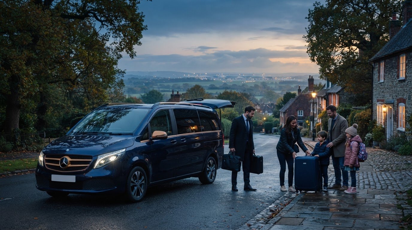 A dark blue Mercedes-Benz people carrier collecting a family with luggage from a scenic Surrey village at dusk, representing comfortable, reliable and pre-booked airport taxi transfers from Godalming and surrounding villages to Heathrow Airport with GATE.taxi.