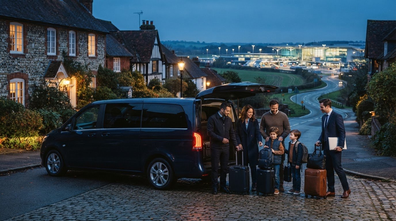 A family with luggage beside a spacious private minibus, ready for an airport transfer. GATE.taxi offers convenient, pre-booked Godalming to Gatwick Airport taxi services for individuals, families and groups.